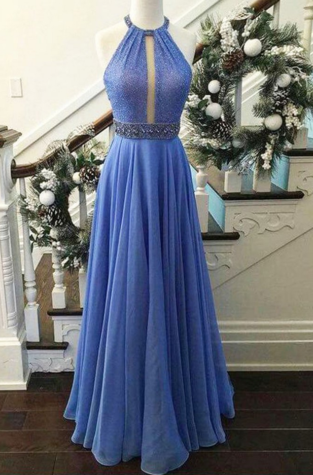 Sky Blue Chiffon Sequins Halter Long Evening Dresses,summer Dress