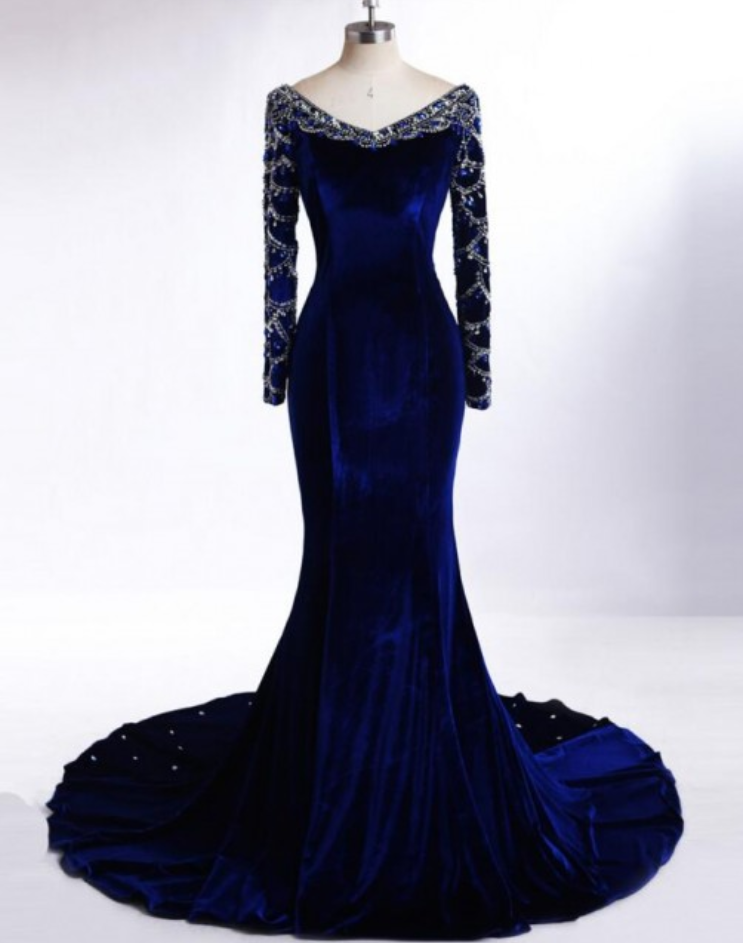 Luxurious Evening Dresses With Long Sleeves Velvet Prom Dresses Sexy Mermaid V Neck With Exquisite Stones Crystals Chapel Train