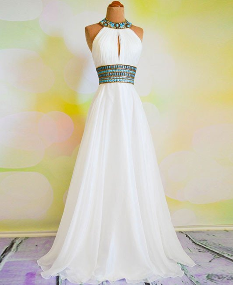 White A-line Rhinestone Backless Long Prom Dress, Evening Dresses