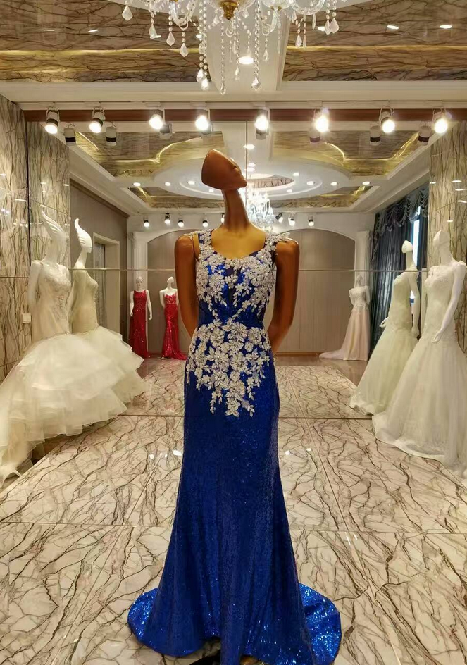 Shiny Royal Blue Sequin Prom Dresses Lace Elegant Long Sweetheart Mermaid Prom Dress
