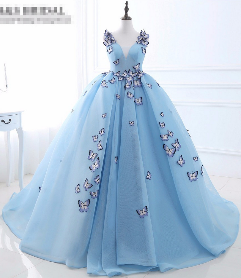 V-neck Blue Prom Dress With Butterfly Backless Ball Gown Prom Dresses Lace Up Princess Elegant Evening Gowns