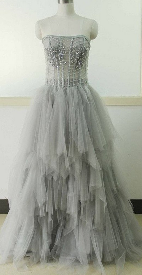 Light Gray Strapless Unique Vintage Formal Ball Gown Prom Dresses
