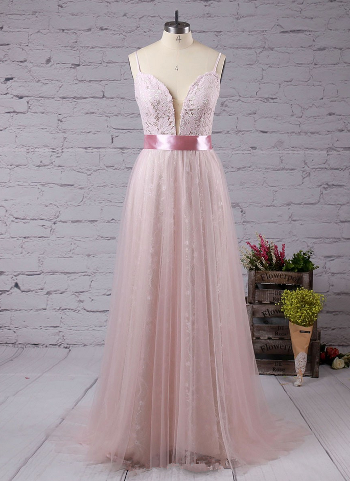 A-line V-neck Lace Tulle Sweep Train With Sashes / Ribbons Prom Dresses