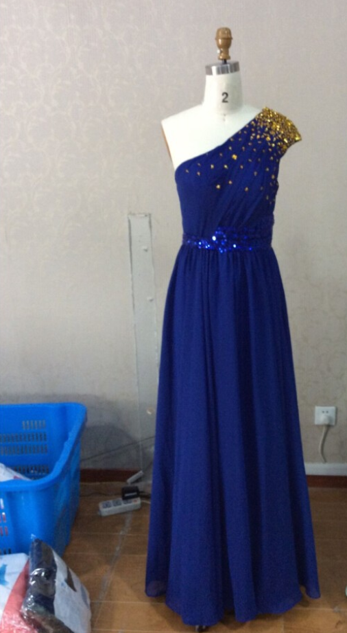 Long Floor-length Gold Sequin One-shoulder Bridesmaid Dress Royal Blue Prom Dress Chiffon Evening Dress
