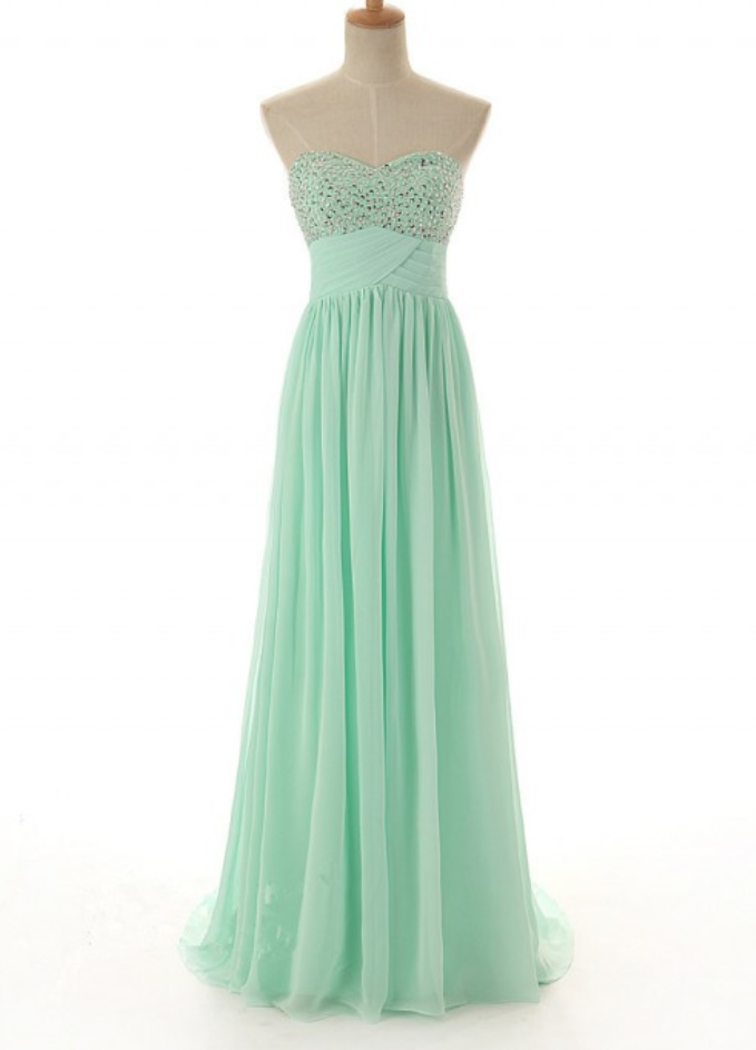 Elegant A Line Long Chiffon Mint Green Crystal Prom Evening Dresses