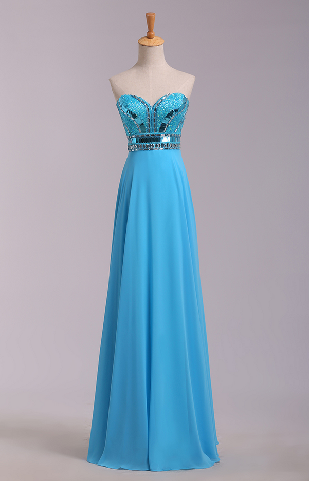 Long Sweetheart Blue Prom Dresses With Rhinestones,sexy Strapless Chiffon Evening Gowns