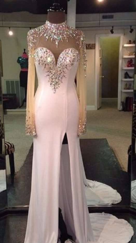 Charming Prom Dress,beading Prom Dress,high-neck Prom Dress,long-sleeves Prom Dress