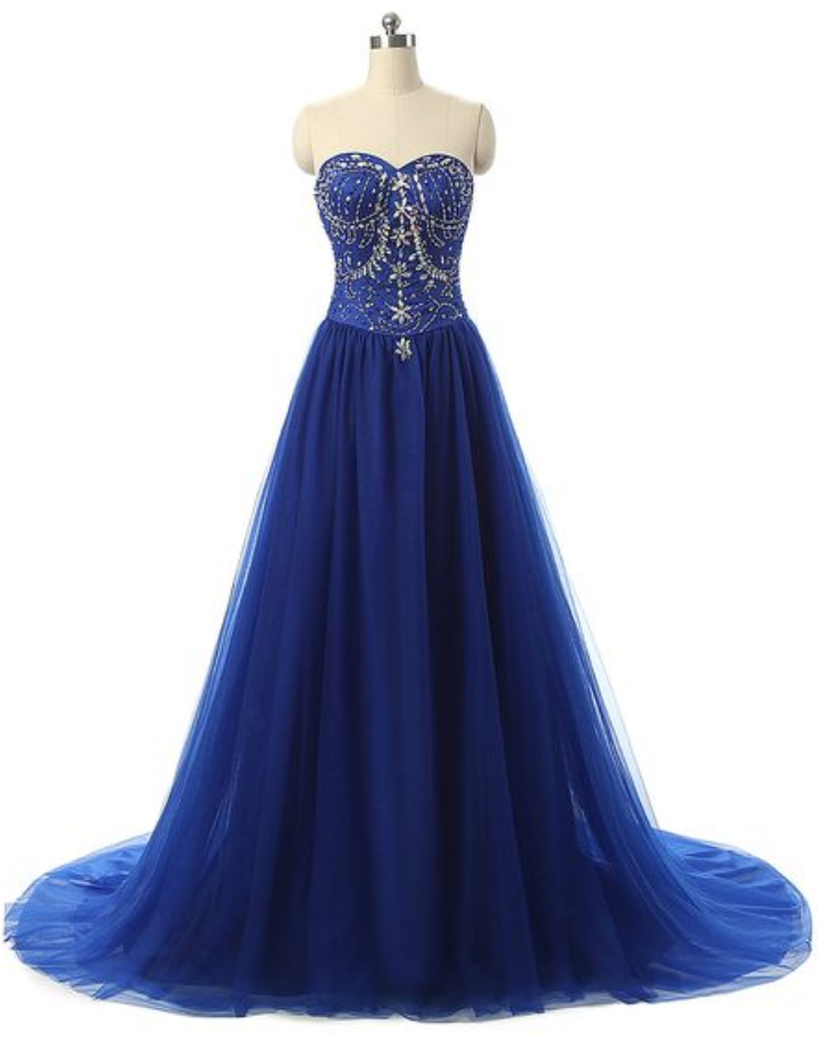 Blue Floor Length Tulle A-line Prom Dress Featuring Crystal Embellished Sweetheart Bodice And Sweep Train