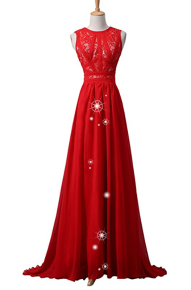 Red Simple Chiffon Lace Prom Dresses,handmade Evening Dresses