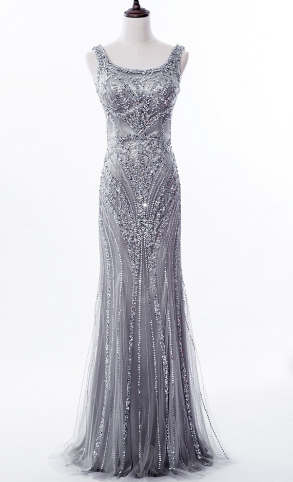 Grey Sequin And Beaded Embellished Floor Length Trumpet Evening Dress Featuring Sleeveless Bodice With Square Neckline