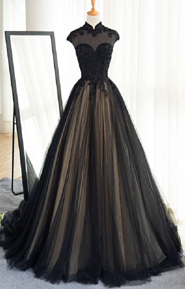 High Neck Prom Dress,long Black Tulle Prom Dress,lace Appliques Prom ...