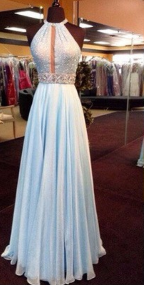 Stunning Baby Blue Chiffon O-neck Long Handmade Sequins And Beaded Prom Dress, A-line Plus Size Homecoming Dresses