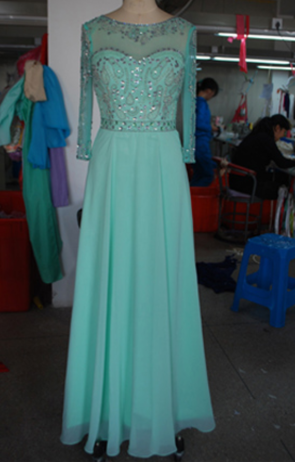 Long Sleeves High Neck Mint Chiffon Prom Dress, A Line Crystal See Through Long Evening Dress,evening Gown