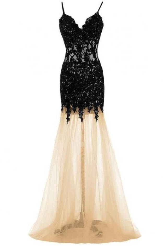 Exquisite Black Lace Mermaid Prom Evening Dress,spaghetti Strap Charming Dress,v-neck Prom Party Dress