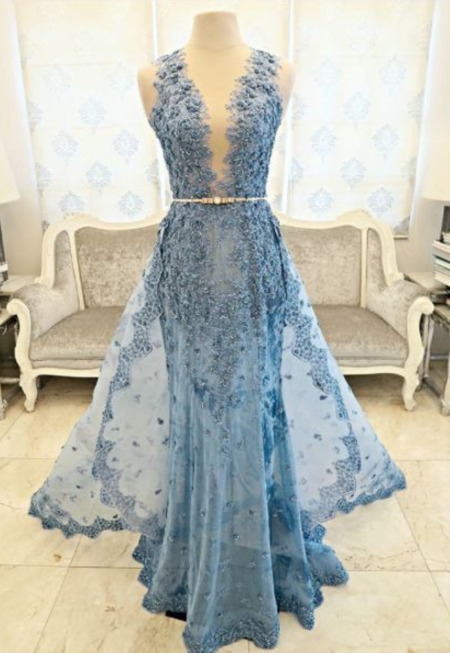 Elegant V-Neck Prom Dresses, Floor Length Evening Dresses, Open The Back Dresses