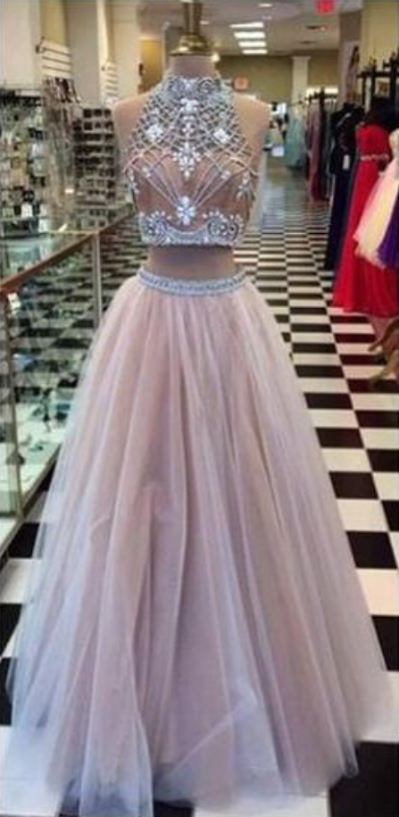 Two Piece High Neck Pretty Open Back Popular Fashion Charming Long Prom Dresses Online