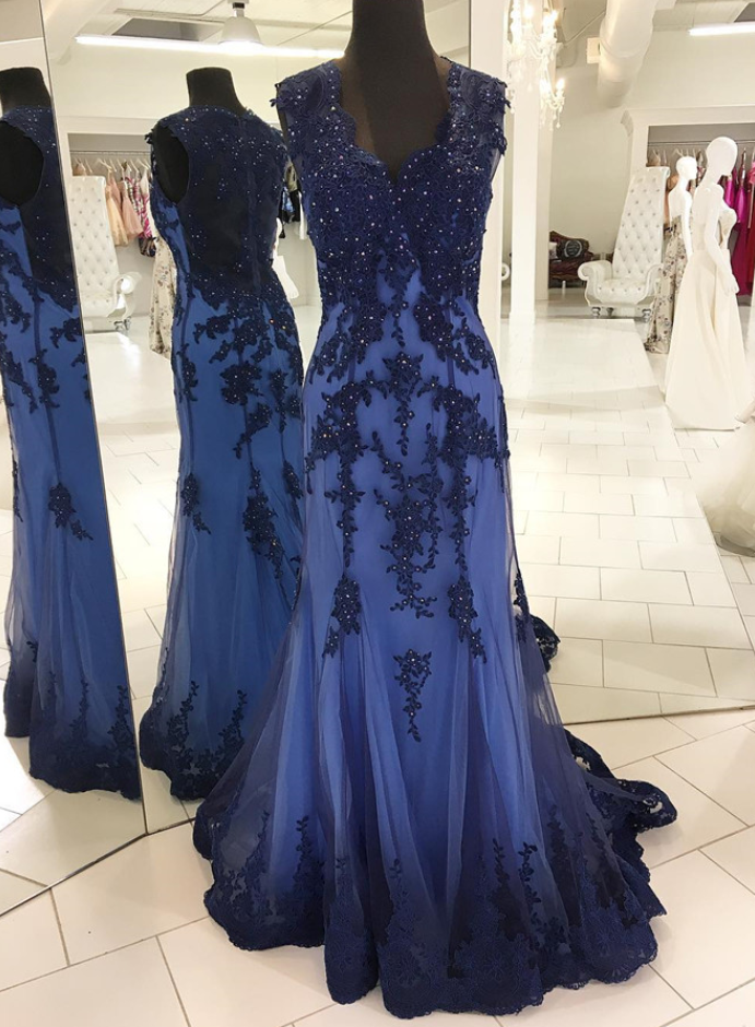 Navy Blue Evening Gowns,mermaid Prom Dress,mermaid Evening Dress,elegant Prom Dress,lace Appliques Prom Dress