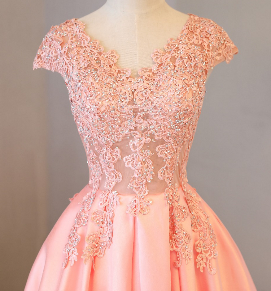 Cap Sleeve Aline Prom Dresses Lace Applique Satin Long Elegant Formal