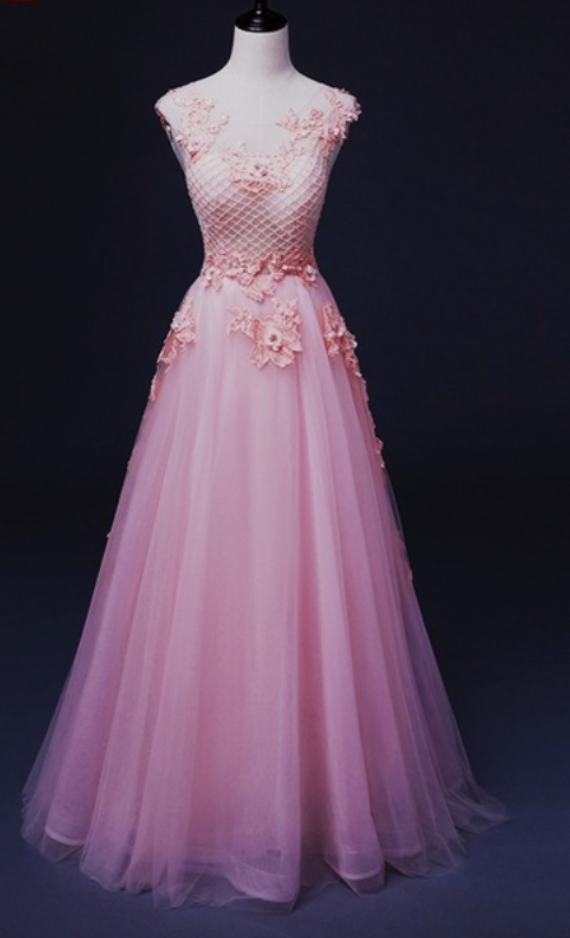 Pink Lace Tulle Prom Dresses , Jewel Evening Gown , Long Formal Gowns