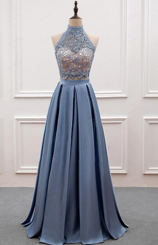 Two-piece Evening Dress Featuring Lace High Halter Neck Cropped Top And High Rise Long Pleated Skirt, Prom Dress