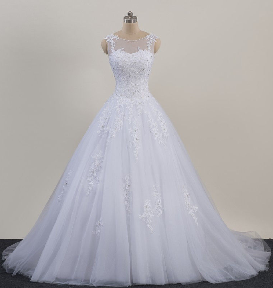 White Or Ivory Jewel A-Line Sweep/Brush Lace Tulle Wedding Gown Ball ...
