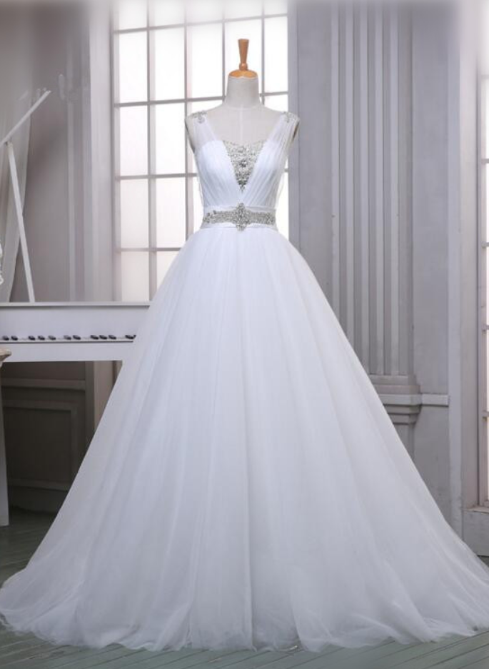 Custom A-line Soft Tulle Wedding Dresses Top Beaded White/ivory Simple V-neck Bridal Gowns With Chapel Train