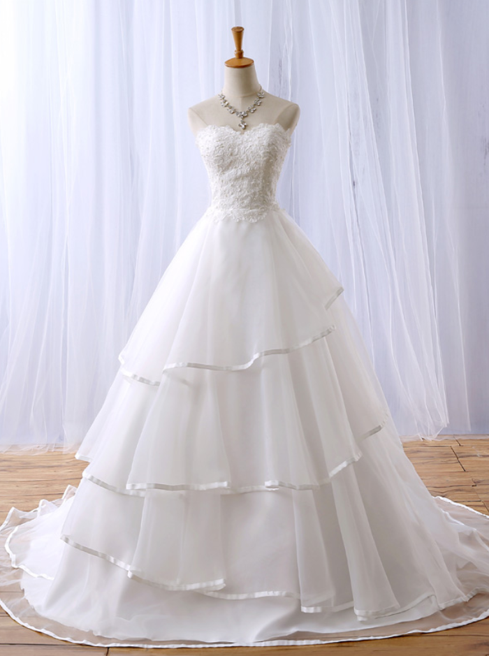chinese dress ladies Modest A-Line Sweetheart Tiered White Satin Wedding Dresses, QB0818 –  QueenaBridal main image 0