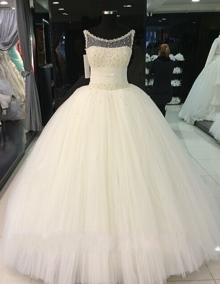 Gorgeous Ball Gown Wedding Dresses Jewel Sweep/Brush Top Beading Tulle Quinceanera Bridal Gowns White/Ivory Custom