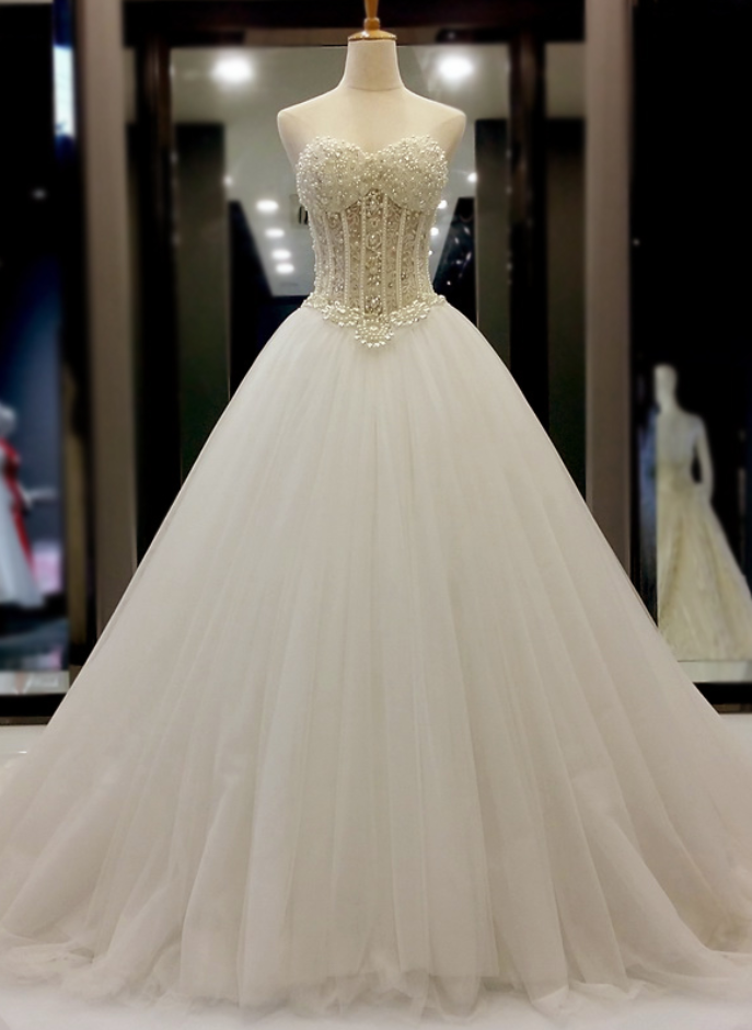 Beaded Strapless Corset Tulle Princess Wedding Ballgown
