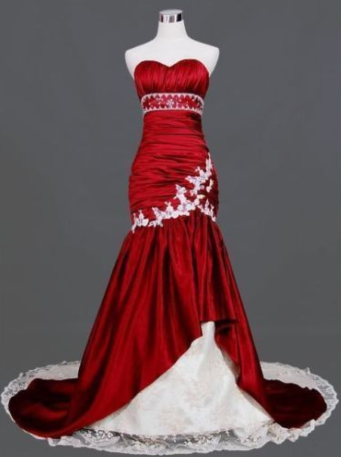 Vintage Red/White Mermaid Wedding Dresses Sweetheart Lace Up Sweep Applique Lace Bridal Gowns
