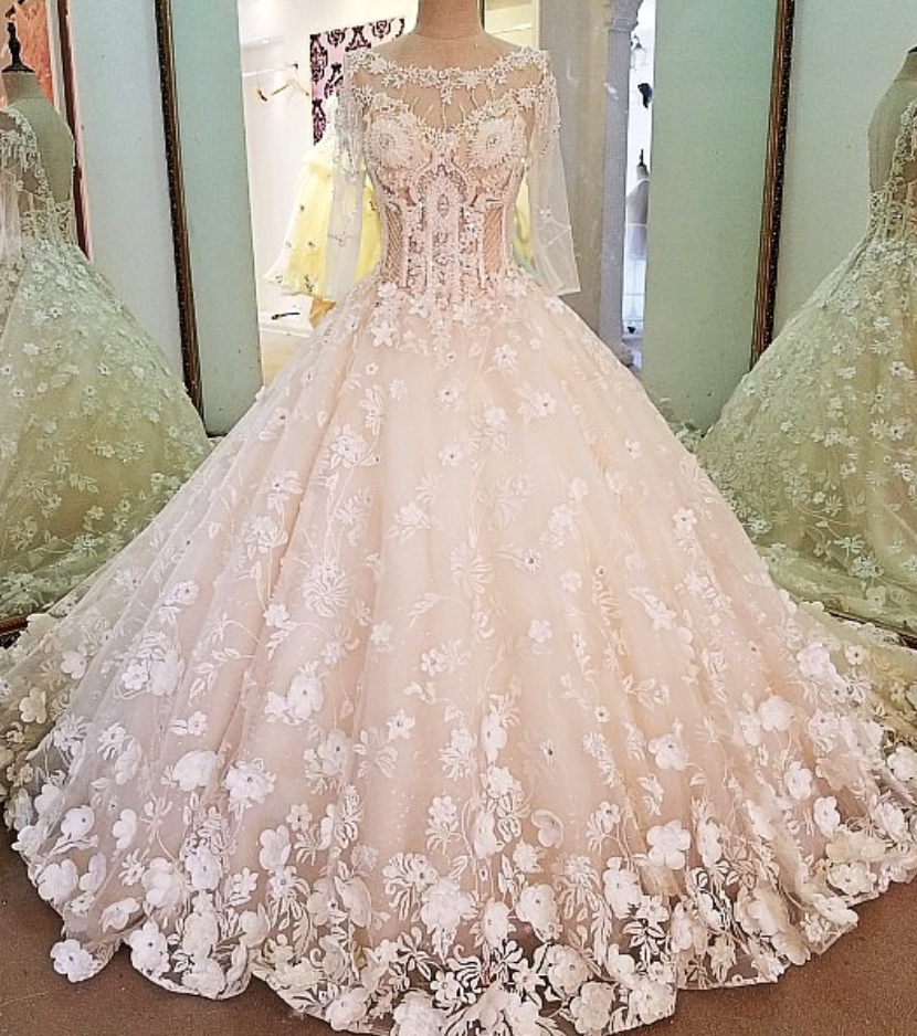 Luxury bridal gown with sleeves beading 3D flowers ball gown lace wedding dress