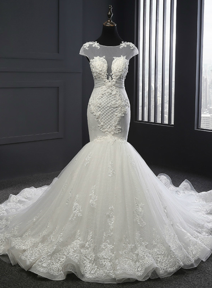 Sheer Cap Sleeved Mermaid Wedding Dress With Lace Appliqués And Lace-up Back