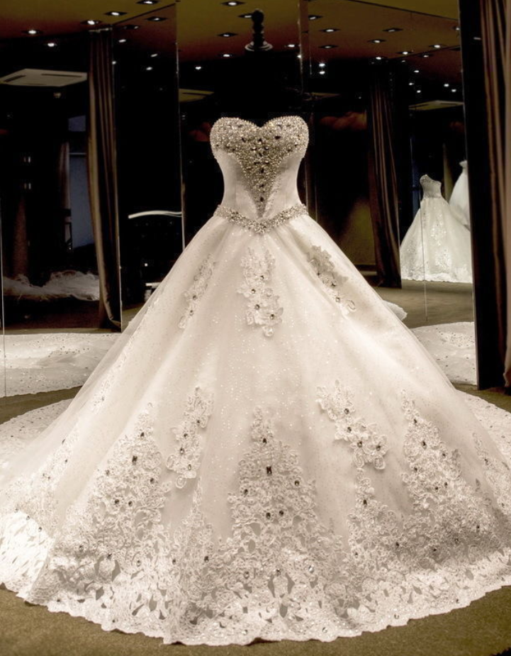 Luxury Crystal Beading Wedding Dress Cathedral Train Custom Made Bridal Gown
