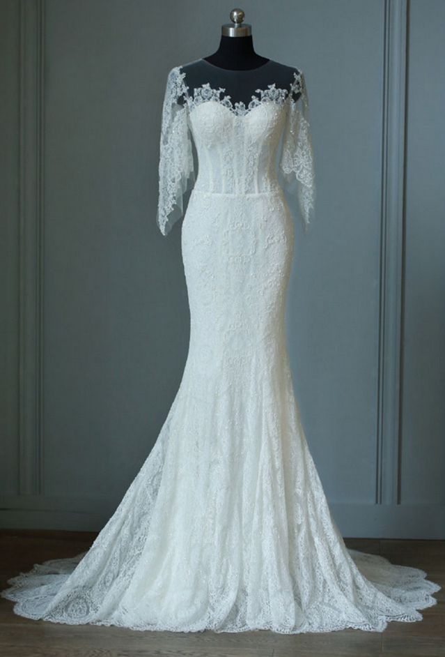 Sheer Lace Mermaid Long Wedding Dress With Flares Sleeves And Train
