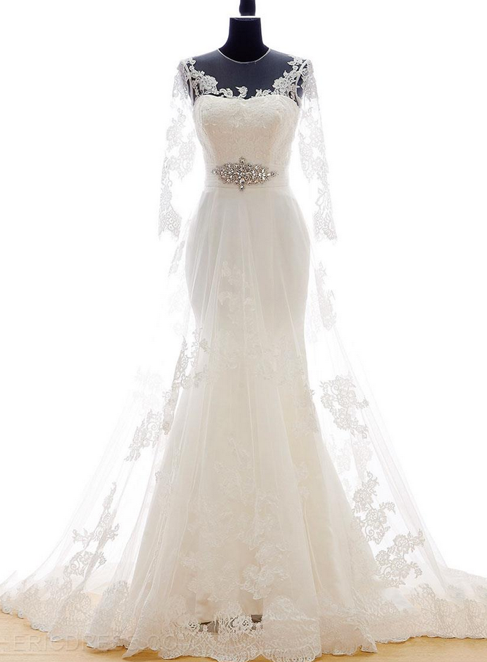 Sheer Illusion Lace Long Sleeved Mermaid Wedding Dress Featuring Lace-up Back And Court Train