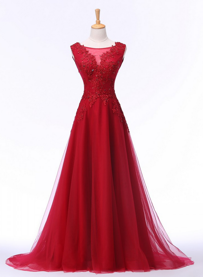Robe de soiree Hot Sale New Arrival Scoop Appliques Lace Beading Long Wine Red Elegant Evening Dresses