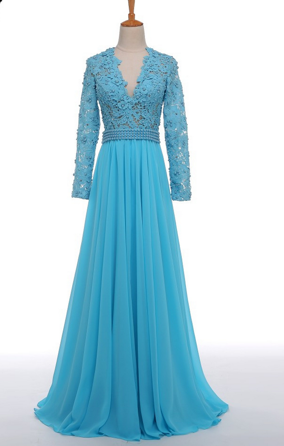Fabulous Long Sleeve Lace Light Blue Chiffon Sexy Prom Dress Vestido De Sheer Back Long Evening Dress