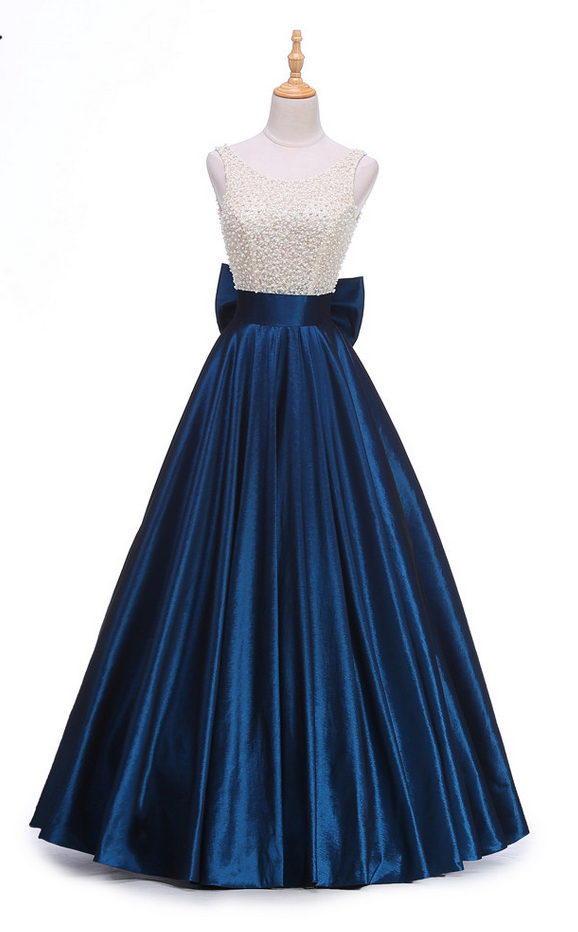 Design Vestido Longo Royal Blue Beading Top Vintage Prom Dress Robe De Soiree Big Back Bow Long Evening Dress
