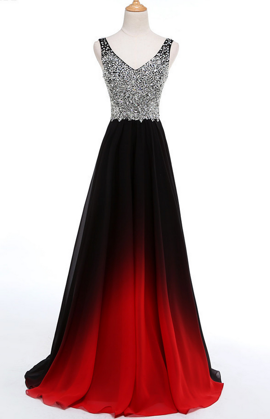 Luxury Gradient Color Long Beads Sequin Chiffon Evening Dress Double V Neck Formal Dresses