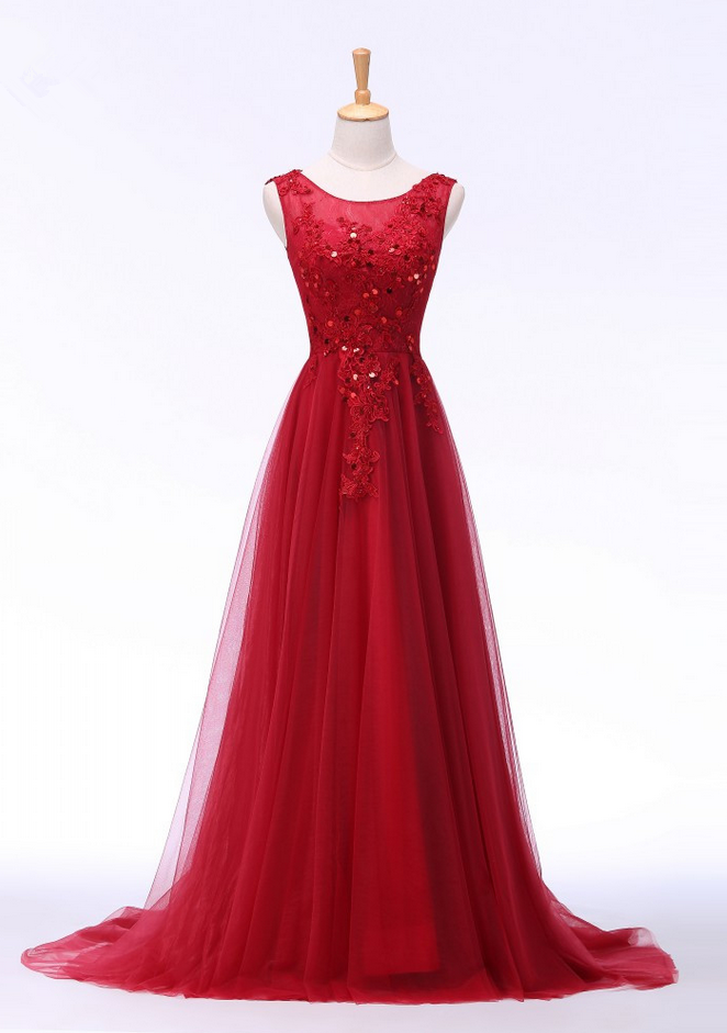 Scoop Lace Appliques Long Red Evening Dress Romantic Formal Dresses Robe De Soiree