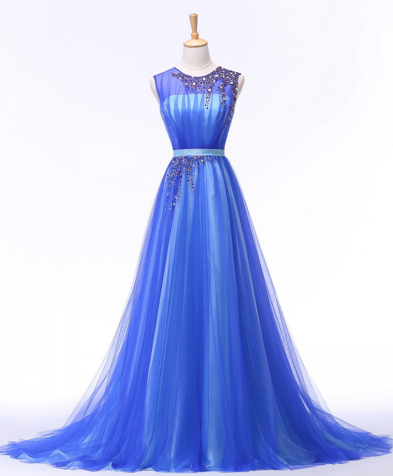 Blue A Line Beaded Backless Evening Dress Gown LA72834