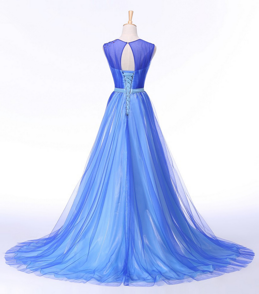 Luxury Blue Sleeveless Beaded A-Line Evening Dress LA73432