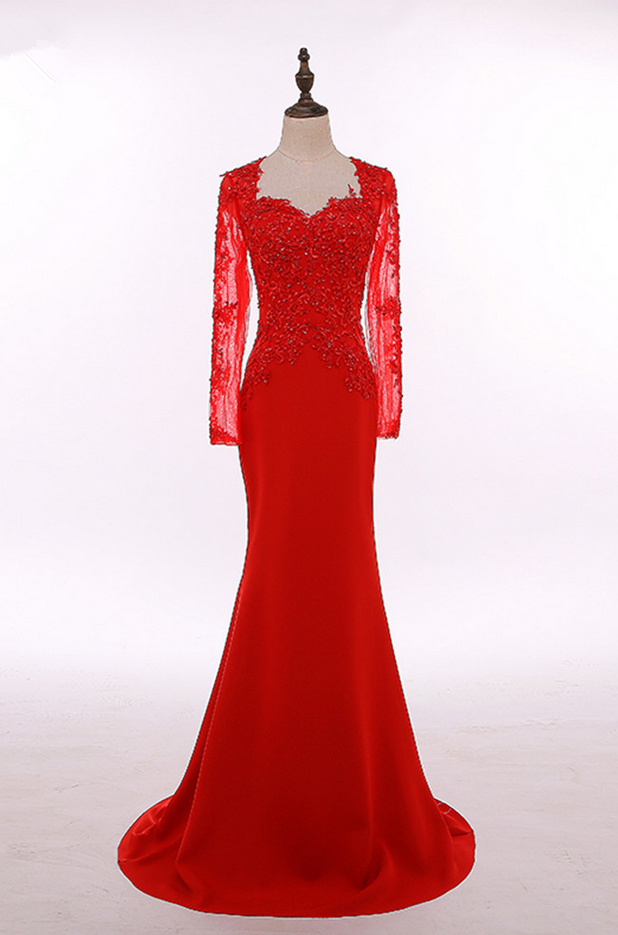 Custom Made Long Sleeve Red Long Evening Dress Prom Dress Robe De Soiree Longue Party Gowns
