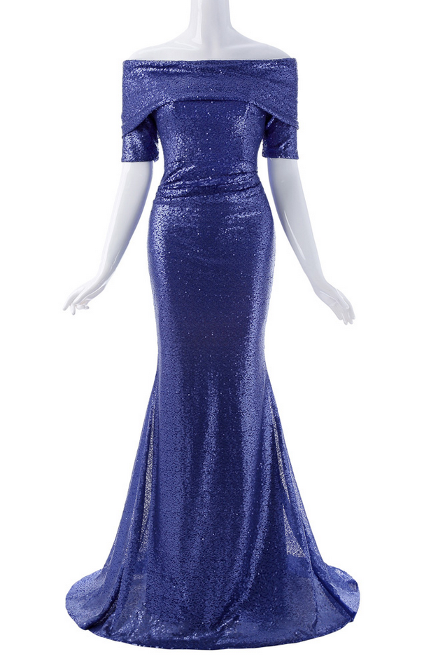Off The Shoulder Long Prom Dresses Strapless Sequins Mermaid Evening Dress Floor Length Blue Graduation Gown