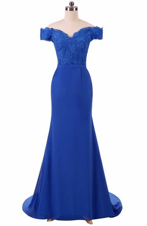 Sexy Sweep Train Mermaid Blue Appliques Evening Dress Robe De Soiree Lace-up Back Prom Dresses