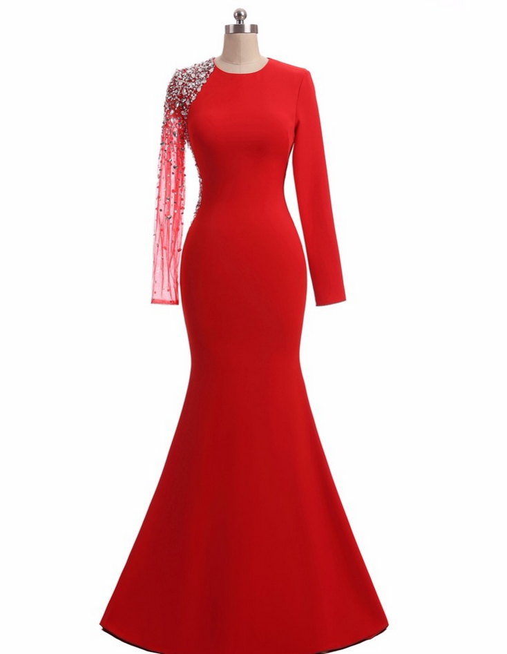 Mermaid Evening Dresses High Quality Special Occasion Dresses Beading Long Red Formal Dresses With Long Sleeves