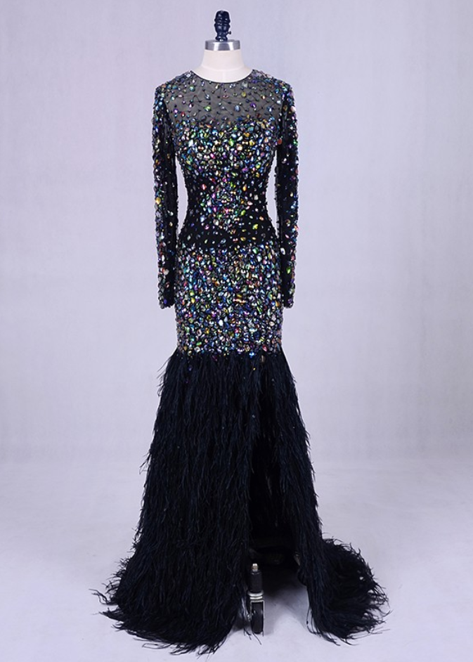 Haute Couture Evening Party Dresses Feathers Bling Bling Mermaid Prom ...