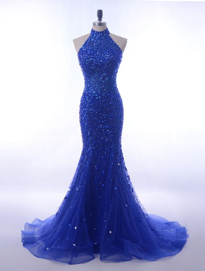 Luxury Sequin Crystals Evening Party Dress Long Royal Blue Mermaid Prom Dresses Halter For Formal Gowns