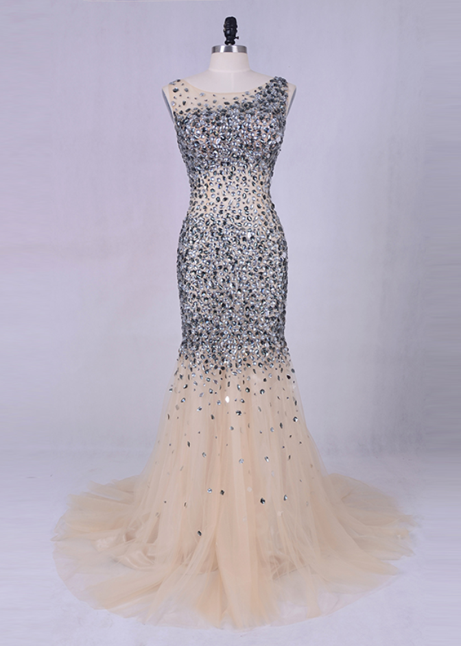 Luxury Rhinestone Evening Gown Silver Grey Crystals Beading Tulle Long Prom Dresses Sexy Women Champagne Party Dress