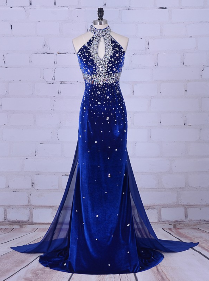 Luxury Mermaid Evening Gowns Royal Blue Velvet Prom Dresses High Neck  Crystal For Formal Dress Women Wedding Party